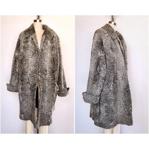 40s 50s Gray Silver Persian Curly Astrakhan Lamb Jacket Coat ITALIAN L XL - Picture 3 of 11